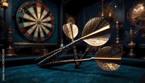 Close-up of intricately designed gold darts resting on a teal-colored dartboard table, with a vintage dartboard in the background.
