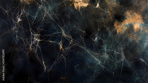 Thin, fragile spider webs in dark void, fine texture, atmospheric lighting, halloween horror theme. Phantom Veins. Illustration