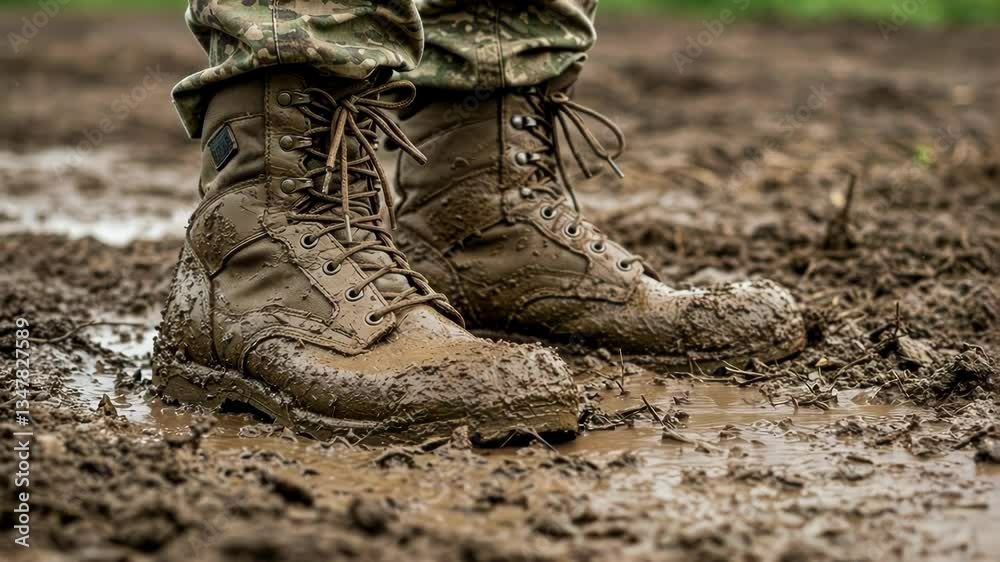 Mud-covered military boots standing on a wet, muddy terrain.