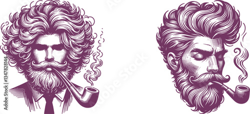 Stylish Man with Voluminous Hair, Beard, Closed Eyes & Pipe in Mouth – A Bold & Fashionable Portrait hair man, gigantic coiffure, curly hair, fashionable, exaggerated hair, Engraved 