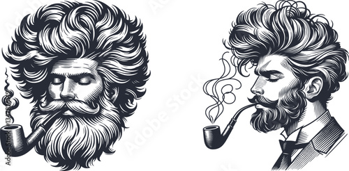 Engraved Stylish Man with Voluminous Hair, Beard, Closed Eyes & Pipe in Mouth – A Bold & Fashionable Portrait 