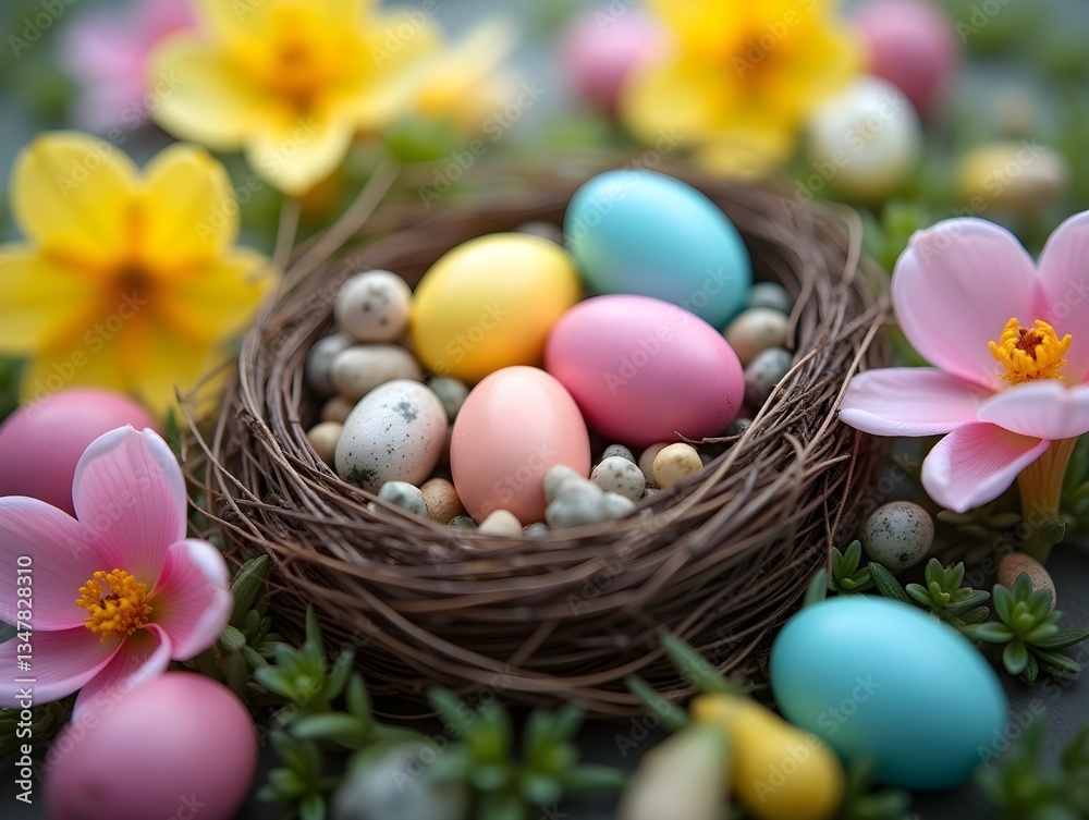 Colorful eggs nestled in a bird's nest among blooming flowers during spring season Colorful eggs nestled in a bird's nest among blooming flowers during spring season