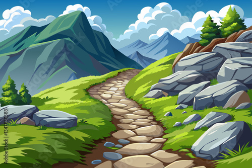 green road path in rocky mountains with stones illustration cartoon