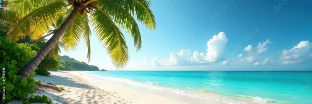 Palm trees sway gently in the warm breeze on a pristine sandy beach, ocean, palm trees Palm trees sway gently in the warm breeze on a pristine sandy beach, ocean, palm trees