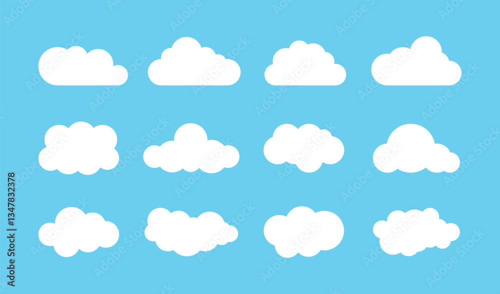 White clouds flat shapes set. Abstract weather icons on blue sky background. White clouds flat shapes set. Abstract weather icons on blue sky background.