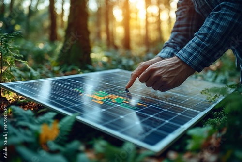 Two hands - one holding graphs with calculations, the other pointing to a solar panel in a real environment.

