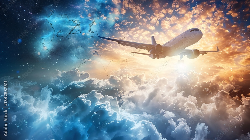 Obraz premium Serene Safe Journey wish card an airplane soaring through the clouds a softly glowing horizon and a world map overlay A dedicated blank area allows for adding names and personalized good luck wishes