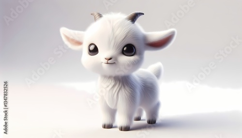 Cute baby goat in 3D style with playful eyes and a chubby fluffy body.