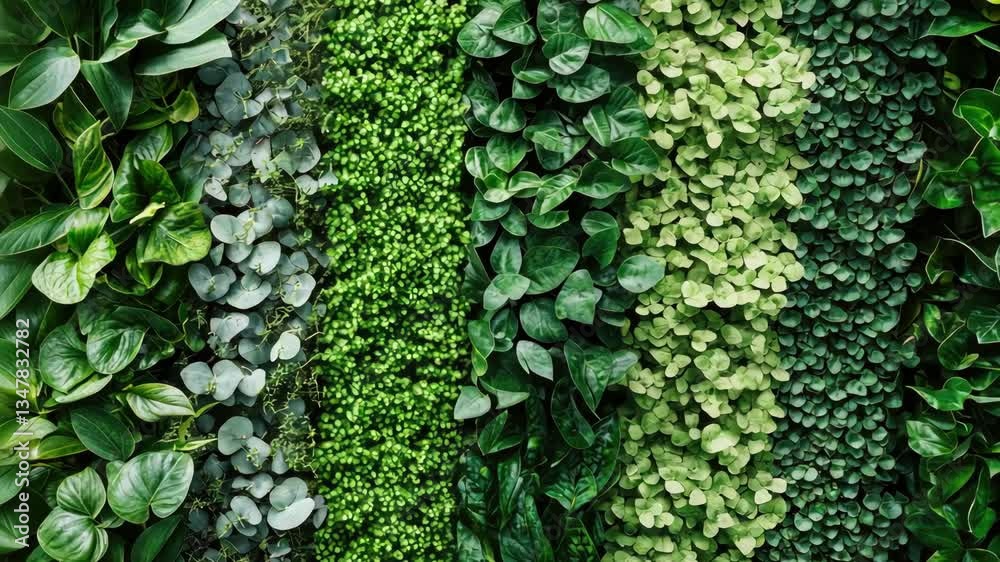 Lush vertical garden wall with diverse green foliage and leaf textures