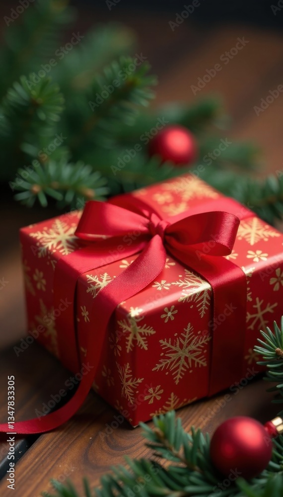 Red and gold wrapping paper with a red ribbon tied around it on a wooden table, festive, red Red and gold wrapping paper with a red ribbon tied around it on a wooden table, festive, red