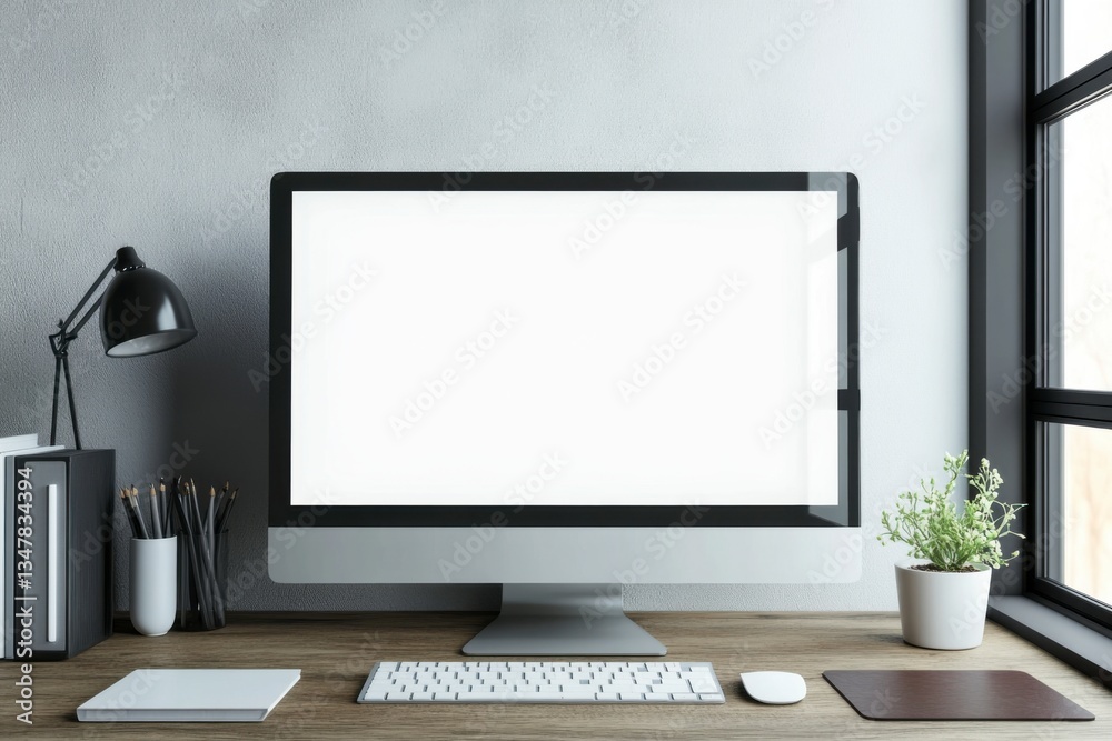 Fototapeta premium a computer with a blank white screen on a wooden desk in a modern office interior mock-up