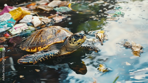 Tortoise live in polluted dirty water with garbage. Human activities impact and threaten animal’s natural habitat.