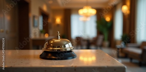Service bell at hotel reception with ringing sound effect, hotel lobby, call button