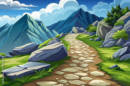 green road path in rocky mountains with stones illustration cartoon