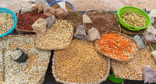 Top view of ingredients used to prepare fanesca dish sold at a market. Various grains, legumes, vegetables. Traditional Ecuadorian food eaten during Holy Week and Easter
