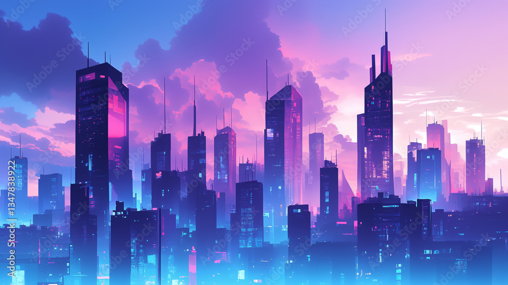 Fototapeta premium 夜の都会風景 未来的な高層ビルが並ぶ幻想的な夜景 ネオンが輝くシティスケープ 近未来の都市の雰囲気を感じるデジタルペイント 。70年代、80年代のシティポップを意識した都市の夜景のアニメ風イラスト,