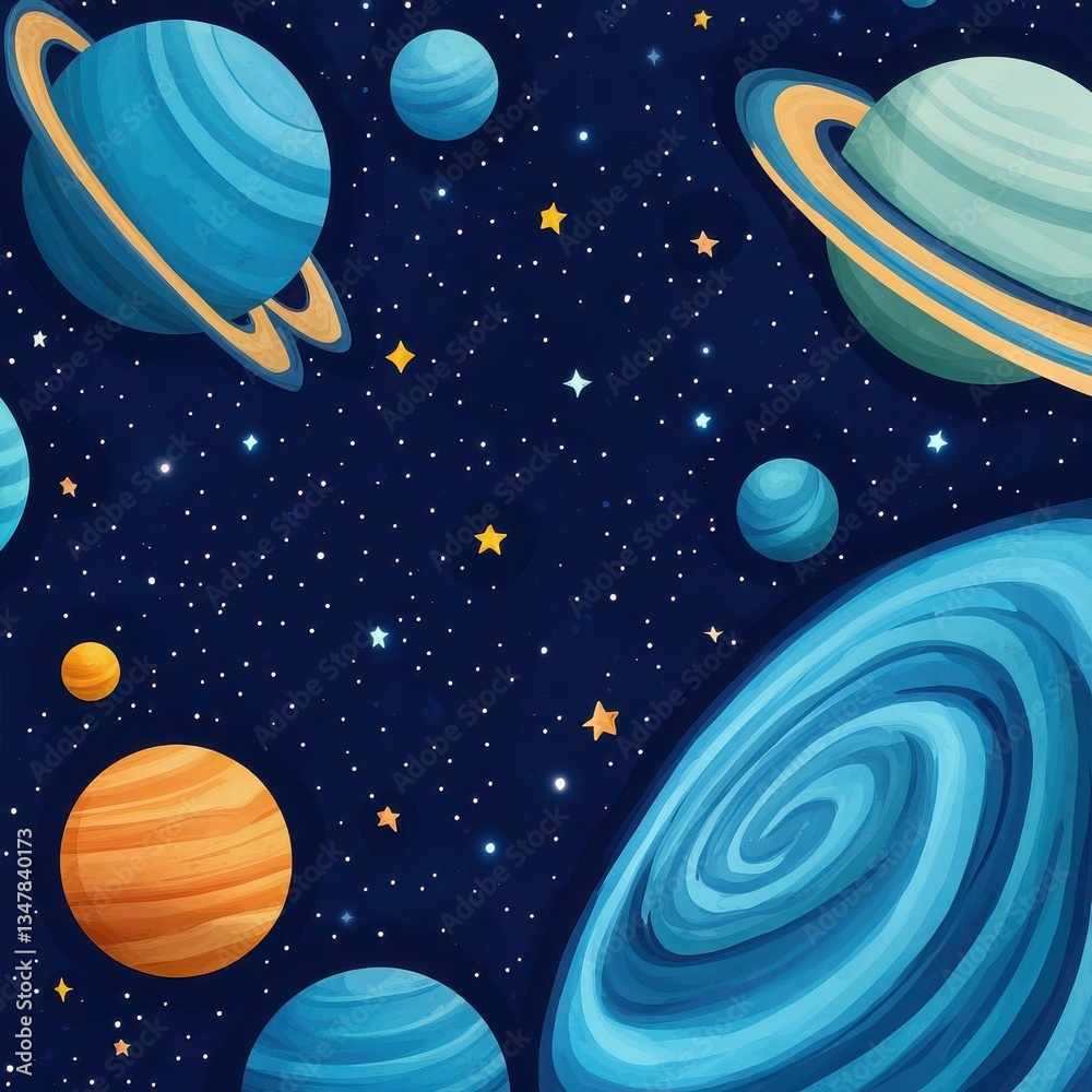 Naklejka premium A vibrant depiction of planets and stars set against a dark background, showcasing the beauty of outer space in a colorful artistic style.