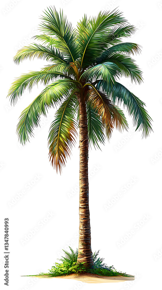 Obraz premium A tall, lush tropical palm tree with a sturdy brown trunk and vibrant green fronds, isolated on a transparent background. The leaves should be slightly curved, showing a natural wind-swept effect.