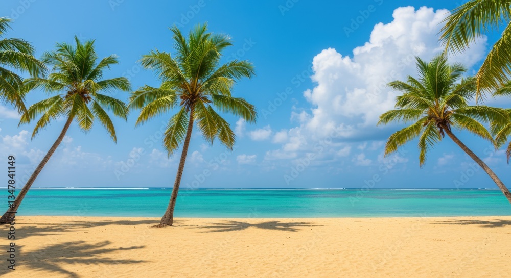 A stunning tropical beach scene featuring swaying palm trees along a golden sandy shore, met by vibrant turquoise waters under a clear blue sky. Ideal for travel and relaxation themes. A stunning tropical beach scene featuring swaying palm trees along a golden sandy shore, met by vibrant turquoise waters under a clear blue sky. Ideal for travel and relaxation themes.