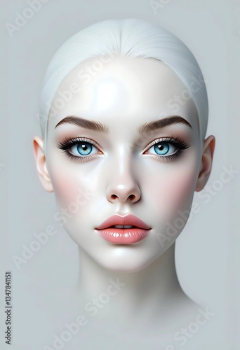 Stunning Portrait of Woman with Smooth Skin, Blue Eyes and Soft Pink Color Lips. Isolated on Solid Light Gray Background