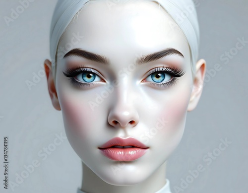 Woman Portrait with Blue Eyes, Light Skin and Soft Pink Color Lips. Isolated on Solid Light Gray Background