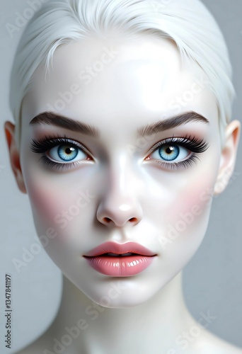 Woman Portrait with Light Skin, Blue Eyes and Soft Pink Glossy Lips. Isolated on Solid Light Gray Background