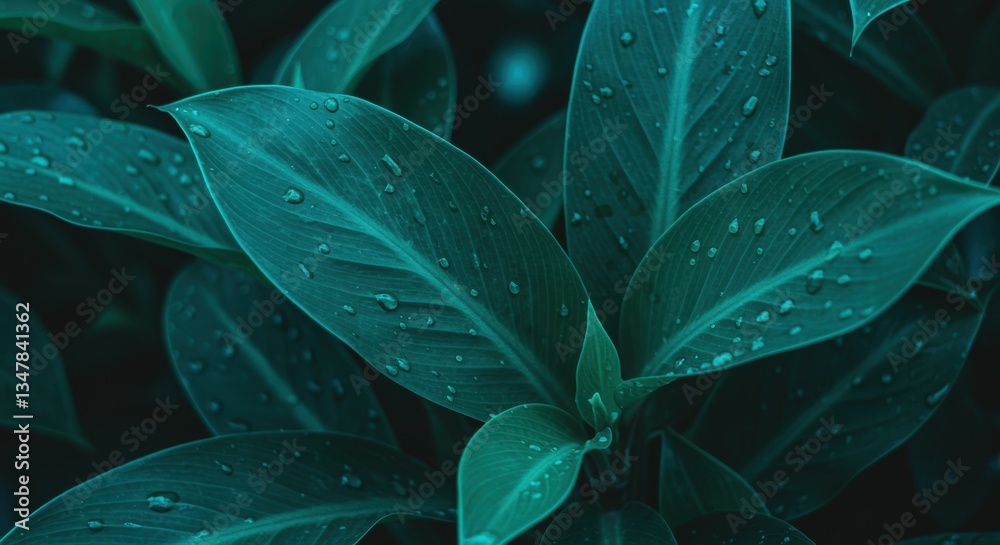 Fototapeta premium Vibrant green leaves with water droplets create a lush, refreshing look. The rich textures and colors evoke nature and tranquility, perfect for wellness and gardening themes.