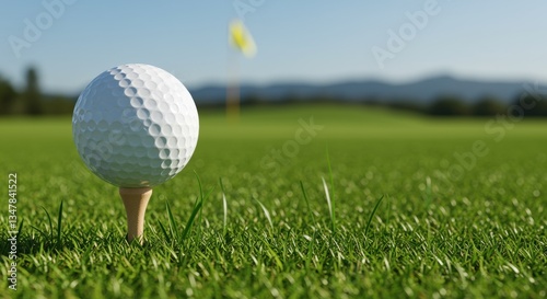 A close-up of a white golf ball on a wooden tee, surrounded by lush green grass. A golf flag in the background adds to the serene ambiance of the golf course.