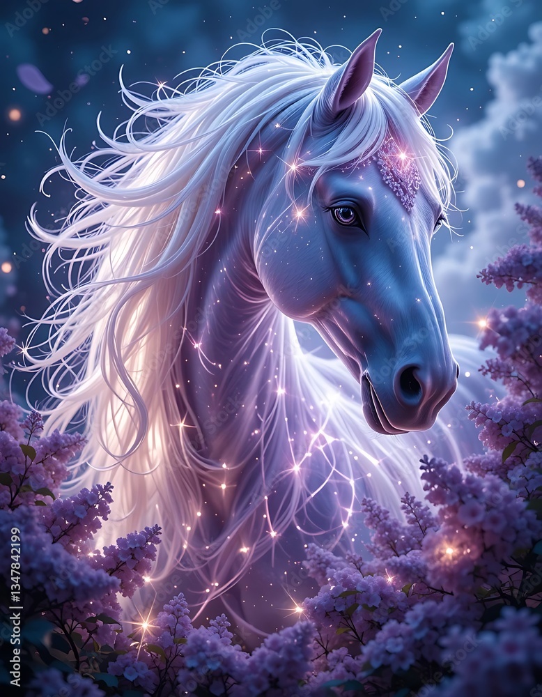 Naklejka premium photography painting luminism , close up ultra detailed big royal purple white-haired neon glowing celestial horse looking at camera, lilac flowers
