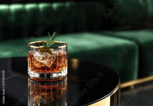Elegant Whiskey Glass with Ice and Olive on Luxurious Black Table in Chic Modern Lounge Setting Surrounded by Green Velvet Sofa