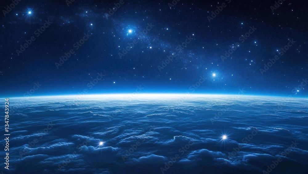 Fototapeta premium Cosmic view of Earth's atmosphere from space, stars and Milky Way in background. Possible use for educational material or space exploration theme