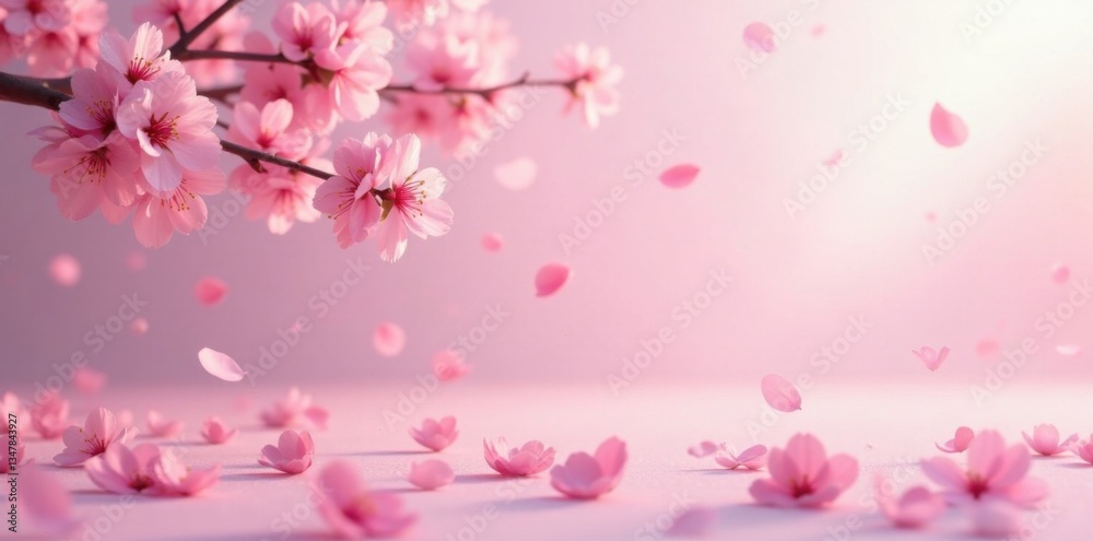 Soft pink sakura petals drifting down gently on a serene pastel landscape , pastel, spring scene Soft pink sakura petals drifting down gently on a serene pastel landscape , pastel, spring scene