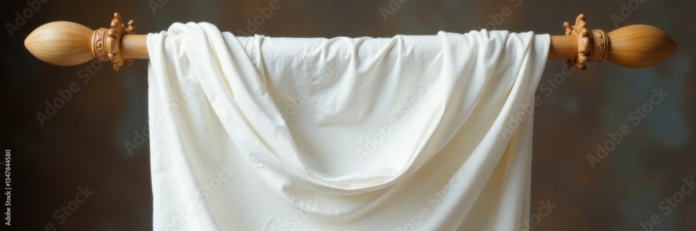 Softly draped white fabric hangs vertically on a wooden dowel, with intricate wooden carvings, textile pattern, minimalist design Softly draped white fabric hangs vertically on a wooden dowel, with intricate wooden carvings, textile pattern, minimalist design