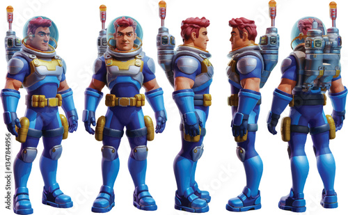 Cartoon Astronaut Space Explorer in Futuristic Spacesuit and Jetpack Character Art