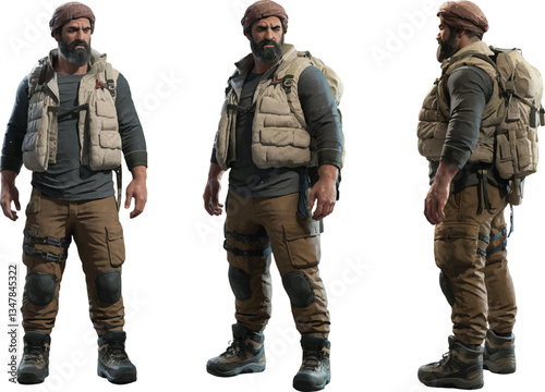 Realistic bearded man in tactical vest wearing traditional turban and survival gear