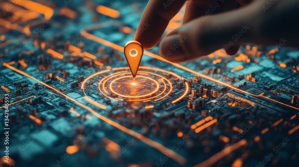 Naklejka premium Hand Pointing at Orange Glowing Location Pin on Detailed Abstract Map for Navigation and Route Planning