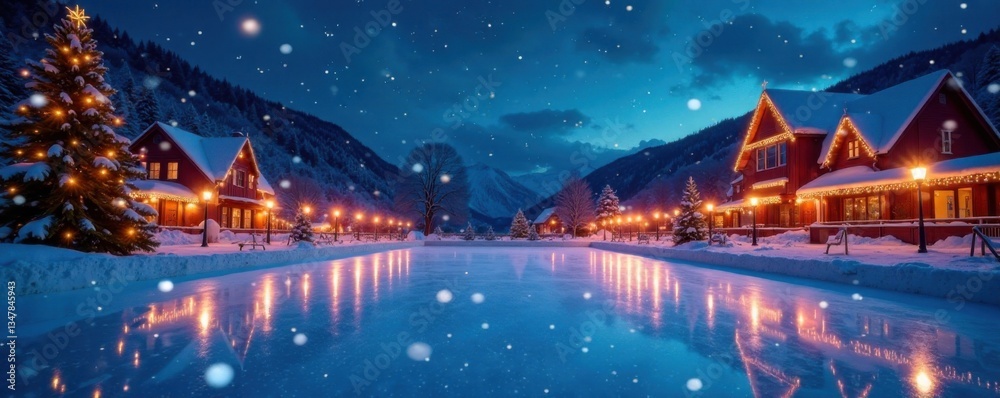 Sparkling ice rink under starry night sky with mistletoe , New Year, night Sparkling ice rink under starry night sky with mistletoe , New Year, night