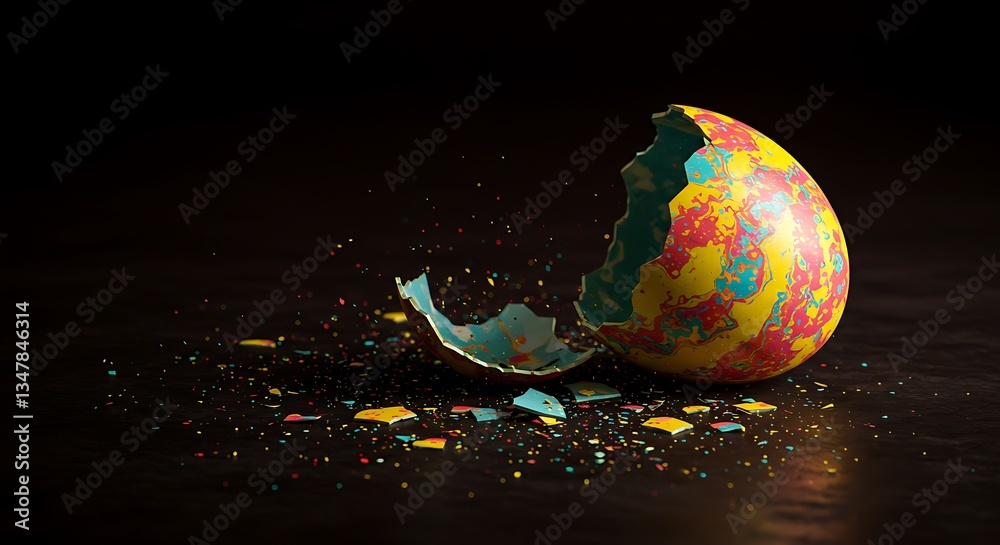 Exploding Easter Egg Splintering Colorful Paint on Dark Background Studio Shot