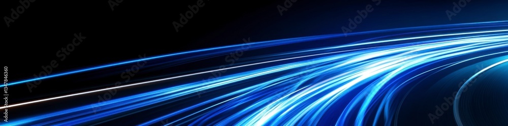Fototapeta premium Abstract blue, glowing light speed lines in curved motion on a black background