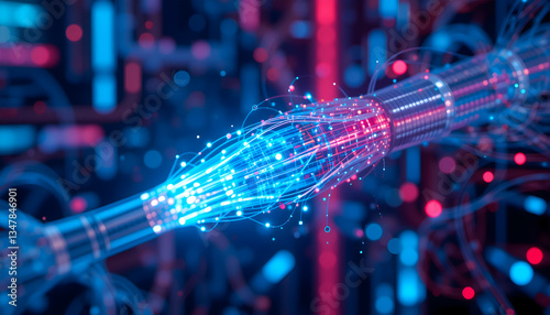 A fiber optic cable transmits fast data with glowing light pulses.