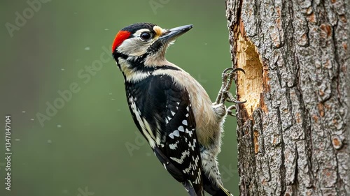 A vibrant woodpecker tapping on a tree in a serene forest setting.