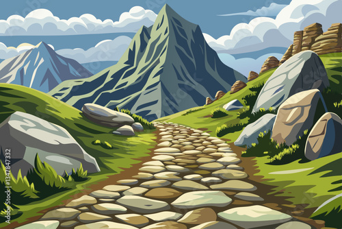 green road path in rocky mountains with stones illustration cartoon