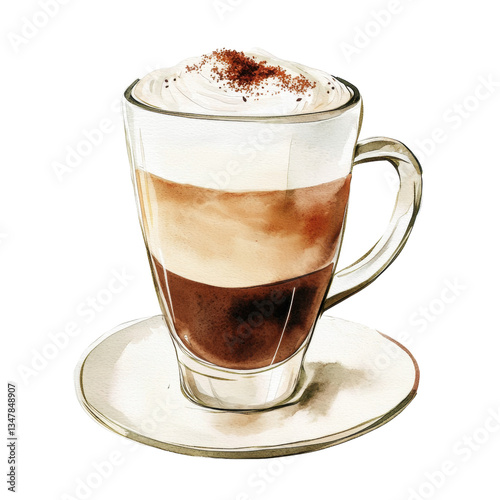 Layered coffee drink in clear glass with whipped cream and cocoa powder, on white saucer. delicious sweet beverage on saucer make refreshing moment
