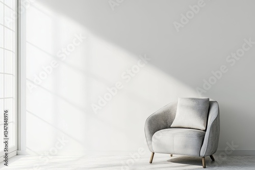 Modern living room interior, light streaming in, armchair, empty space