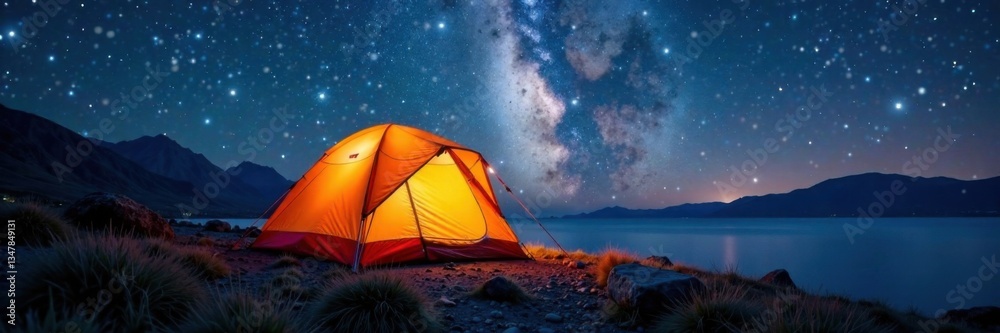 Tent under the Milky Way with twinkling lights, celestial, stars Tent under the Milky Way with twinkling lights, celestial, stars