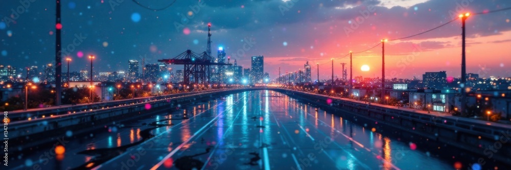 Fototapeta premium Technical diagram overlay on an industrial landscape, technical drawing, industrial