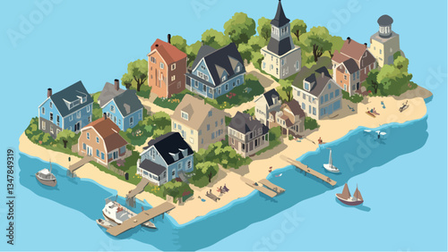 Isometric Illustration of Cape Cod's Waterfront .eps