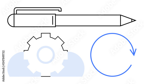 Pen symbolizing creativity with gear and circular arrow representing innovation, progress, and cyclical processes. Ideal for design, learning, workflow efficiency, product development, planning. Flat
