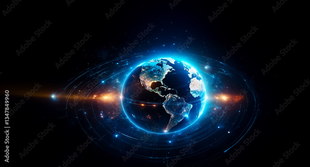 Obraz premium Glowing Earth in dark space with digital blue orbits and bright light streak. Futuristic, global connection concept. Technology and science abstract background.