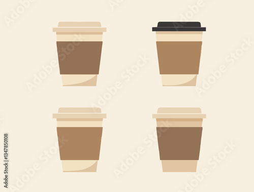 Vier Kaffeebecher-Icons in verschiedenen Perspektiven

